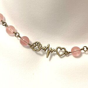 Cute Cherry Quartz Bronze Paw Print Heart Beat Adjustable Pendant Choker